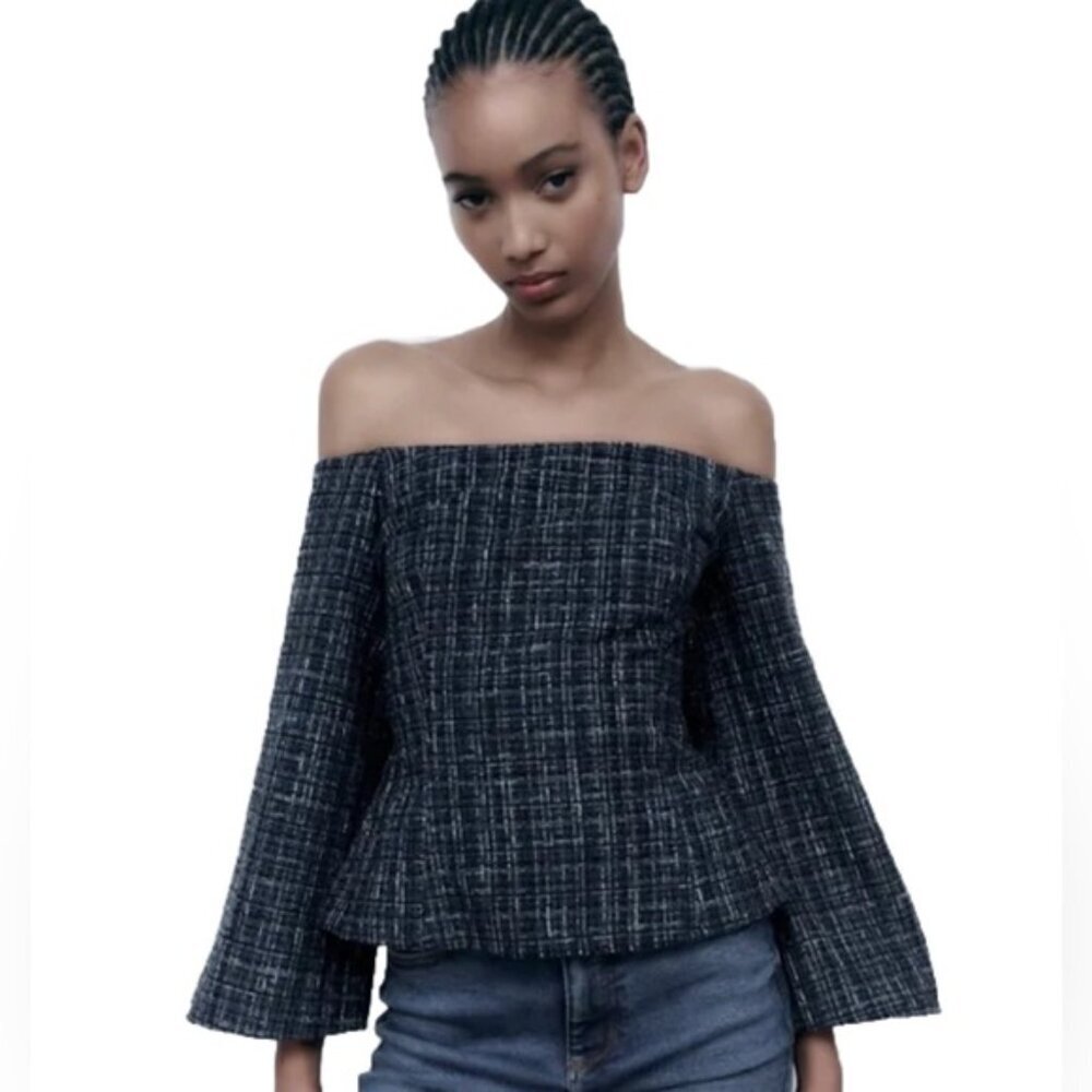 NWT ZARA Tweed Textured Off Shoulder Top Flare Sleeve 8741/257/030 Size XS - Picture 6 of 16